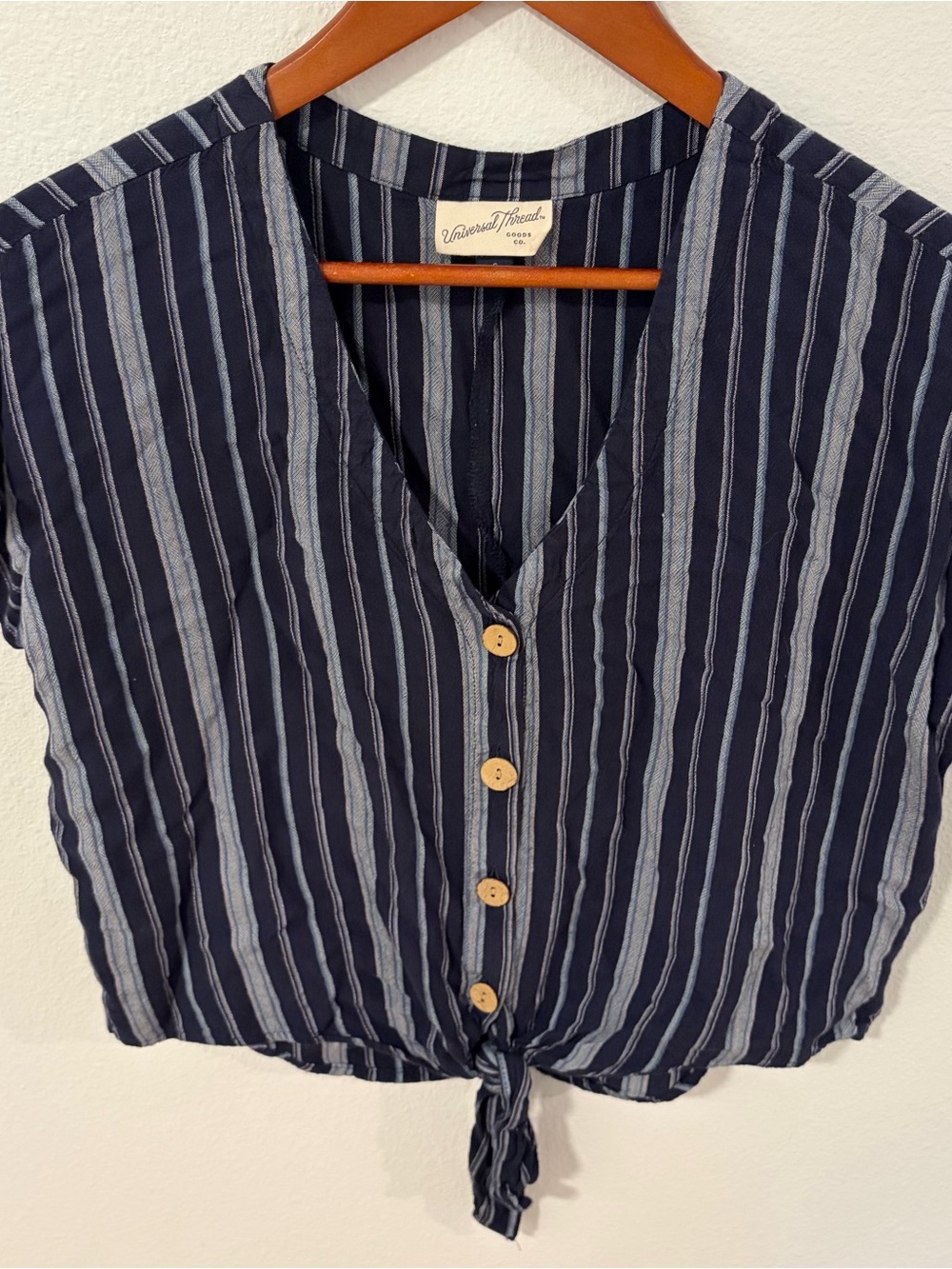 Universal Thread Navy and Light Blue Vertical Stripe Tie-Front Button Top